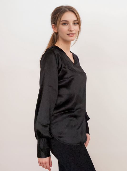 Women Formal Satin Black V-neck Top