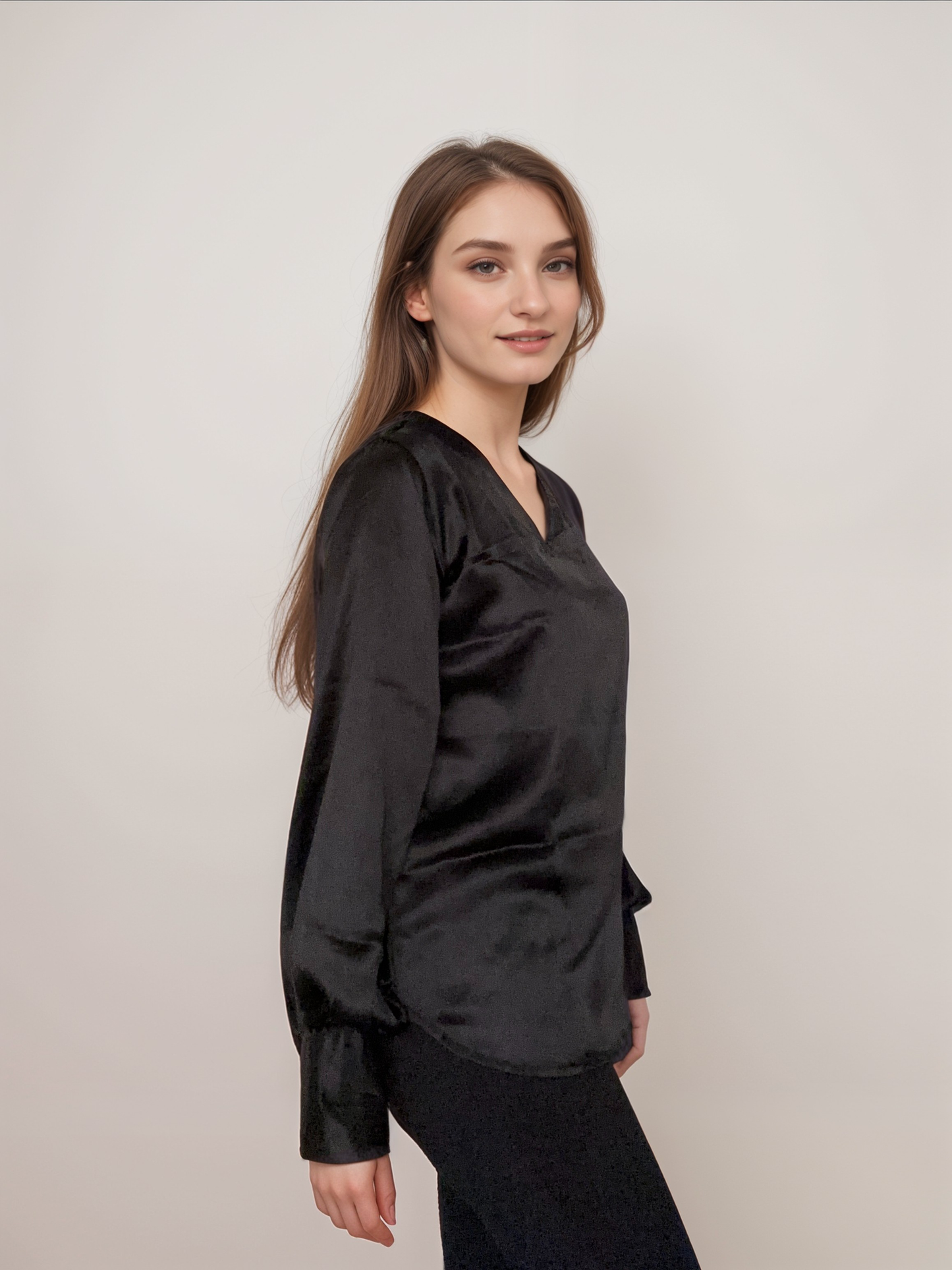 Women Formal Satin Black V Neck Top