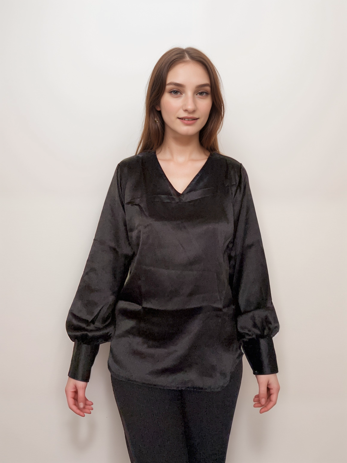 Women Formal Satin Black V Neck Top