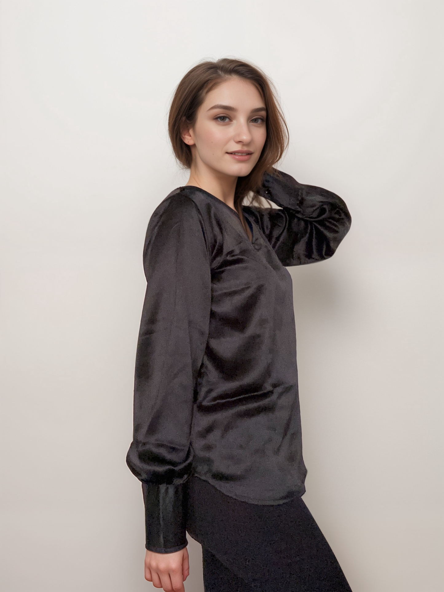 Women Formal Satin Black V Neck Top