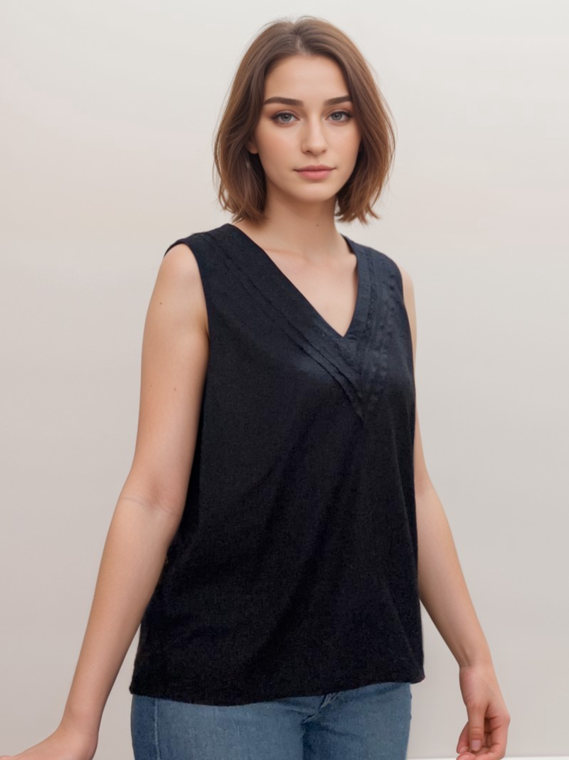 Women Formal Black Plus Size Embroidered Sleeveless Cotton Top