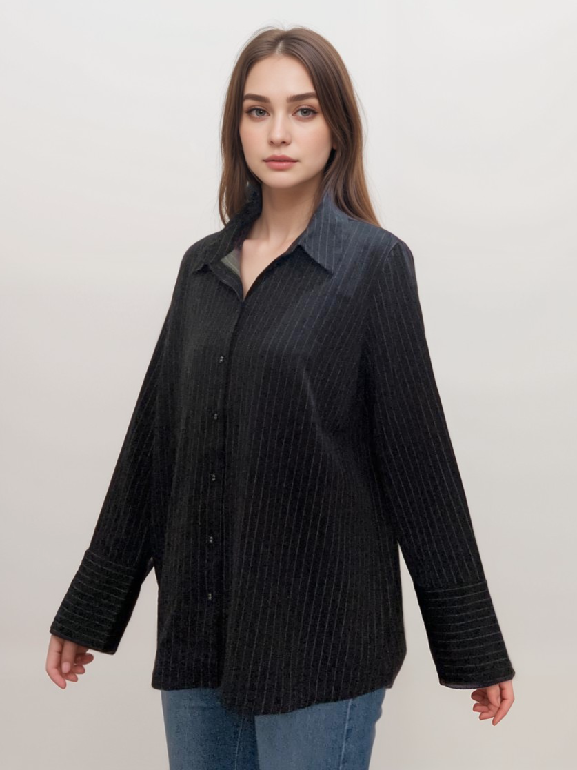 Women Formal Relaxed Fit Plus Size Black Striped Shirt