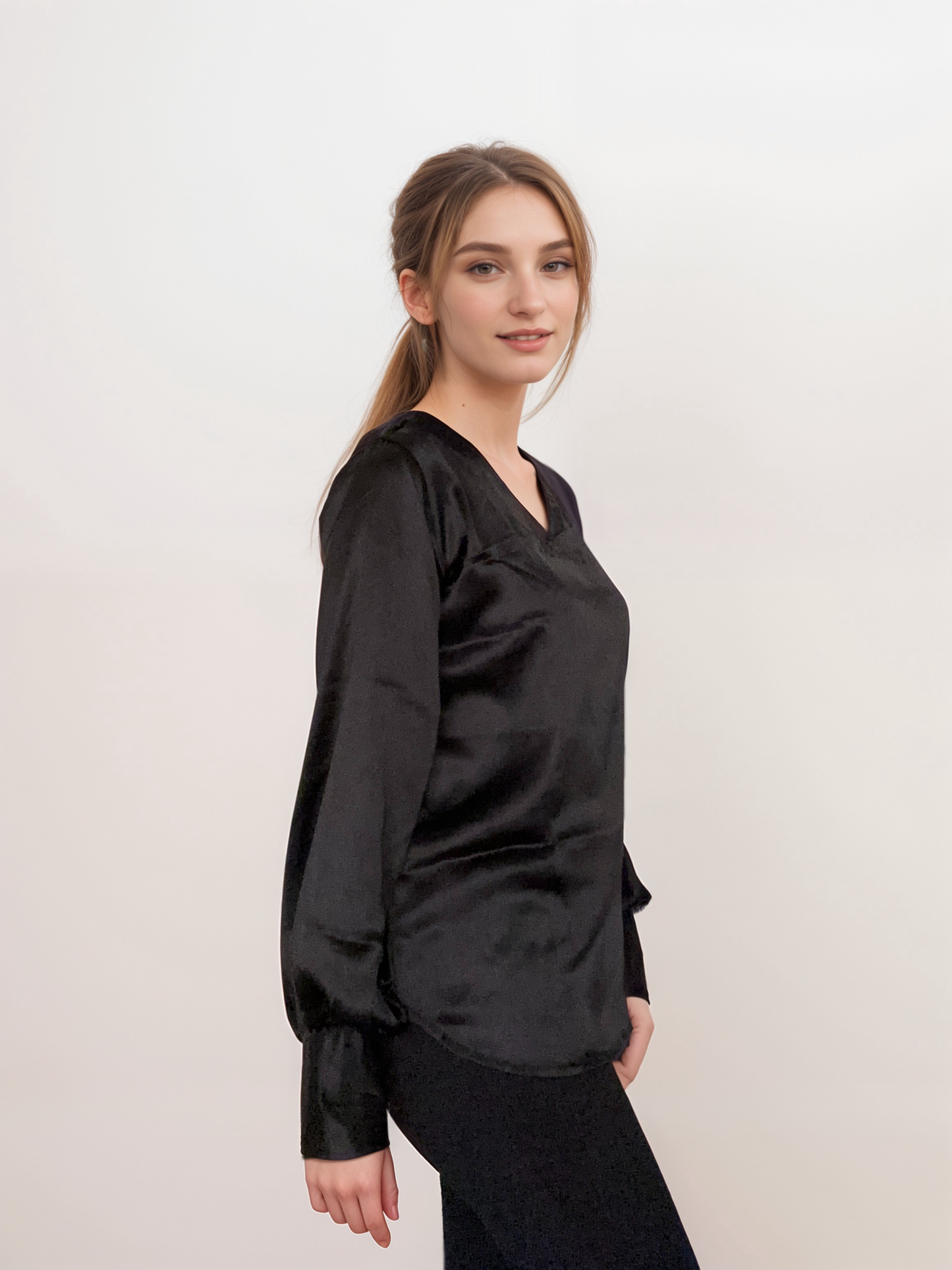 Women Formal Satin Black V Neck Top