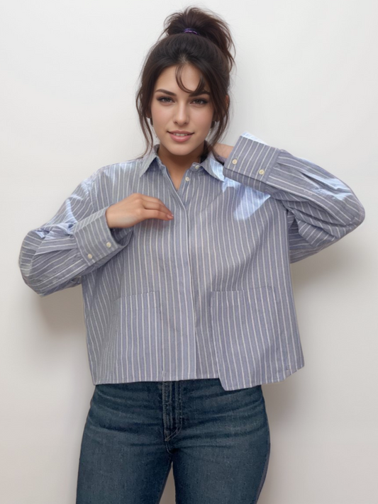 Women Formal Blue Striped Oversized Button Down Plus Size Shirt