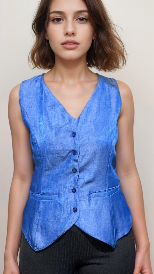 Women Formal Blue V-Neck Panelled Waistcoat