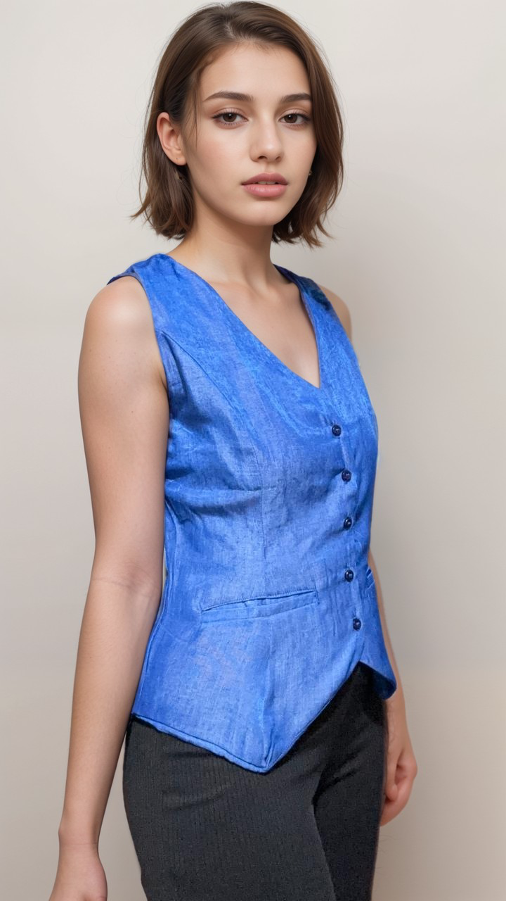 Women Formal Blue V-Neck Panelled Waistcoat