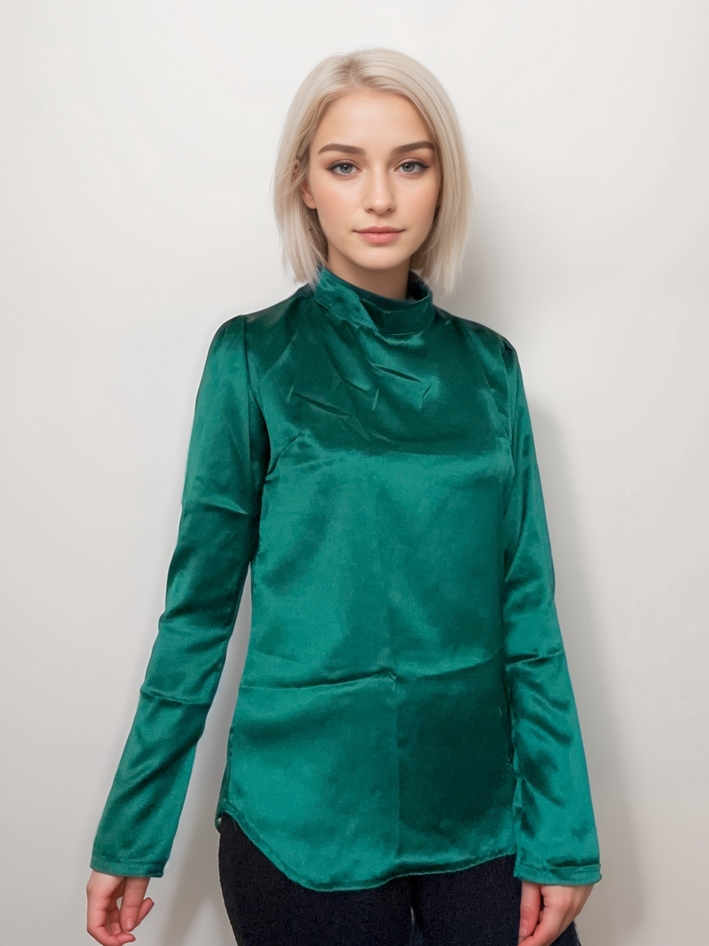 Women Formal Satin Bottle Green High Neck Top