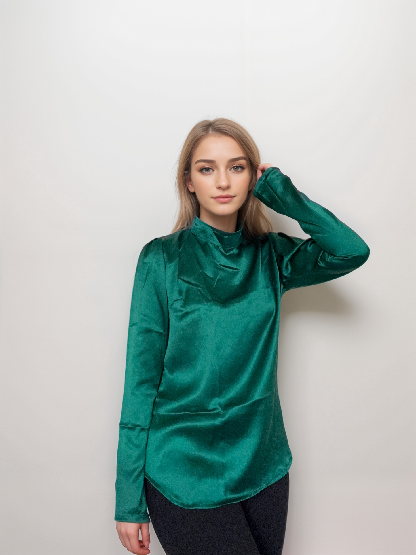 Women Formal Satin Bottle Green High Neck Top