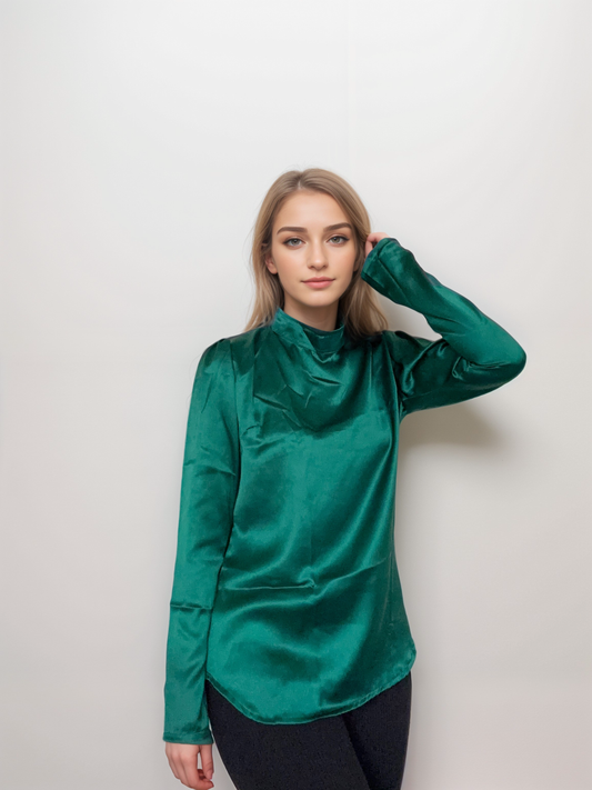 Women Formal Satin Bottle Green High Neck Top