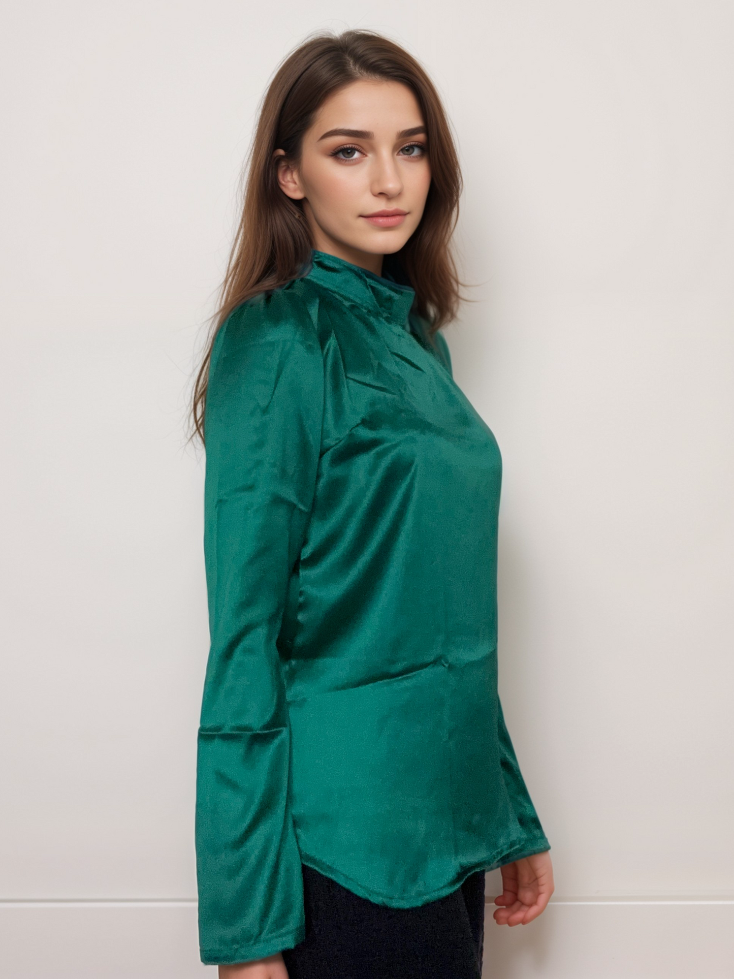 Women Formal Satin Bottle Green High Neck Top