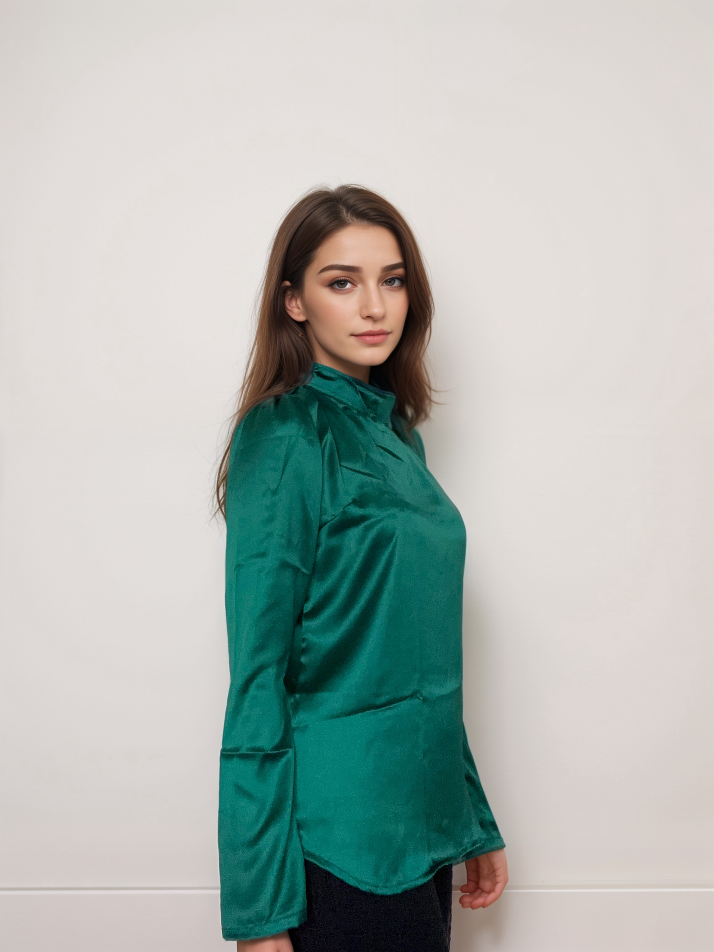 Women Formal Satin Bottle Green High Neck Top