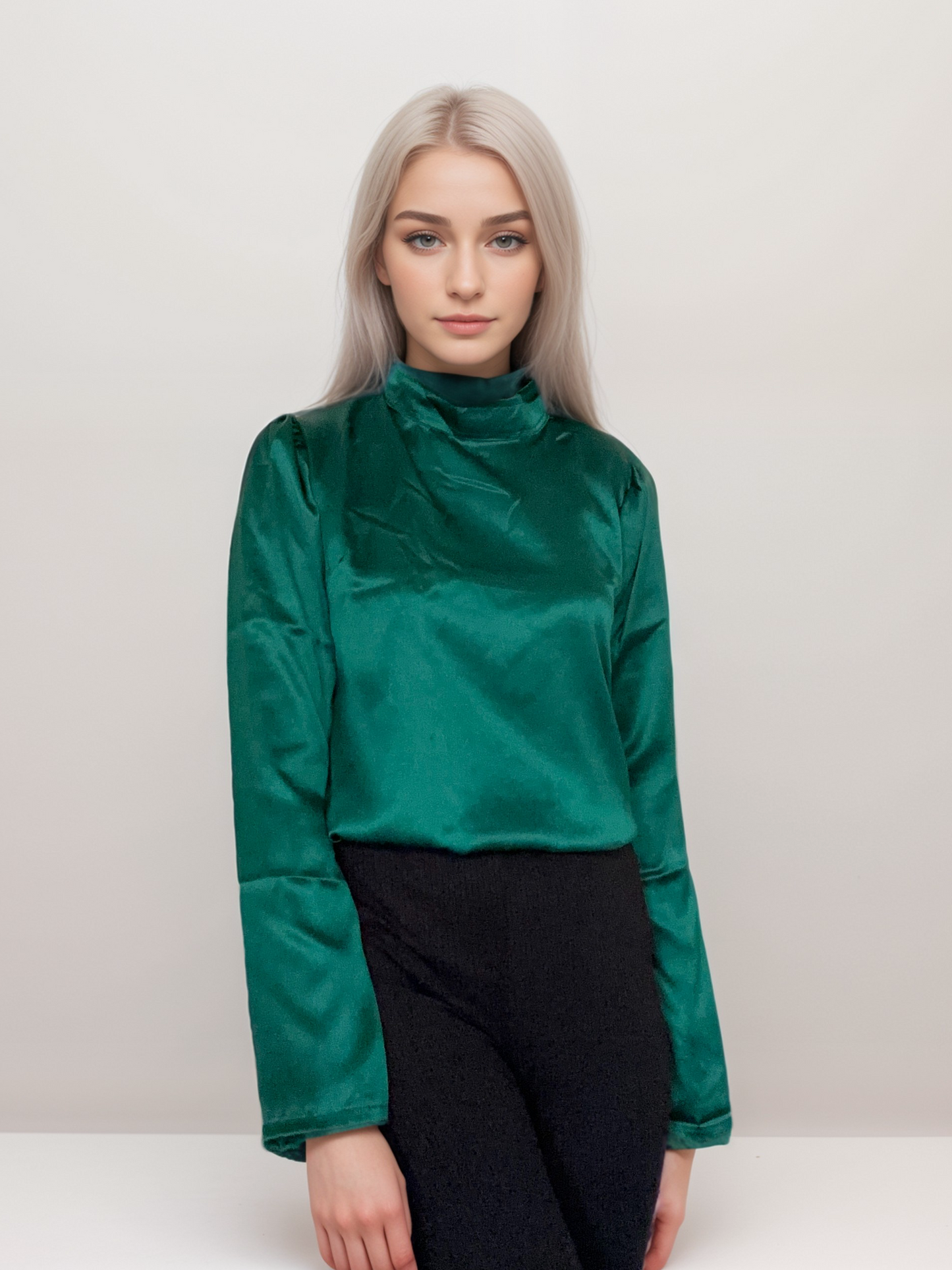 Women Formal Satin Bottle Green High Neck Top