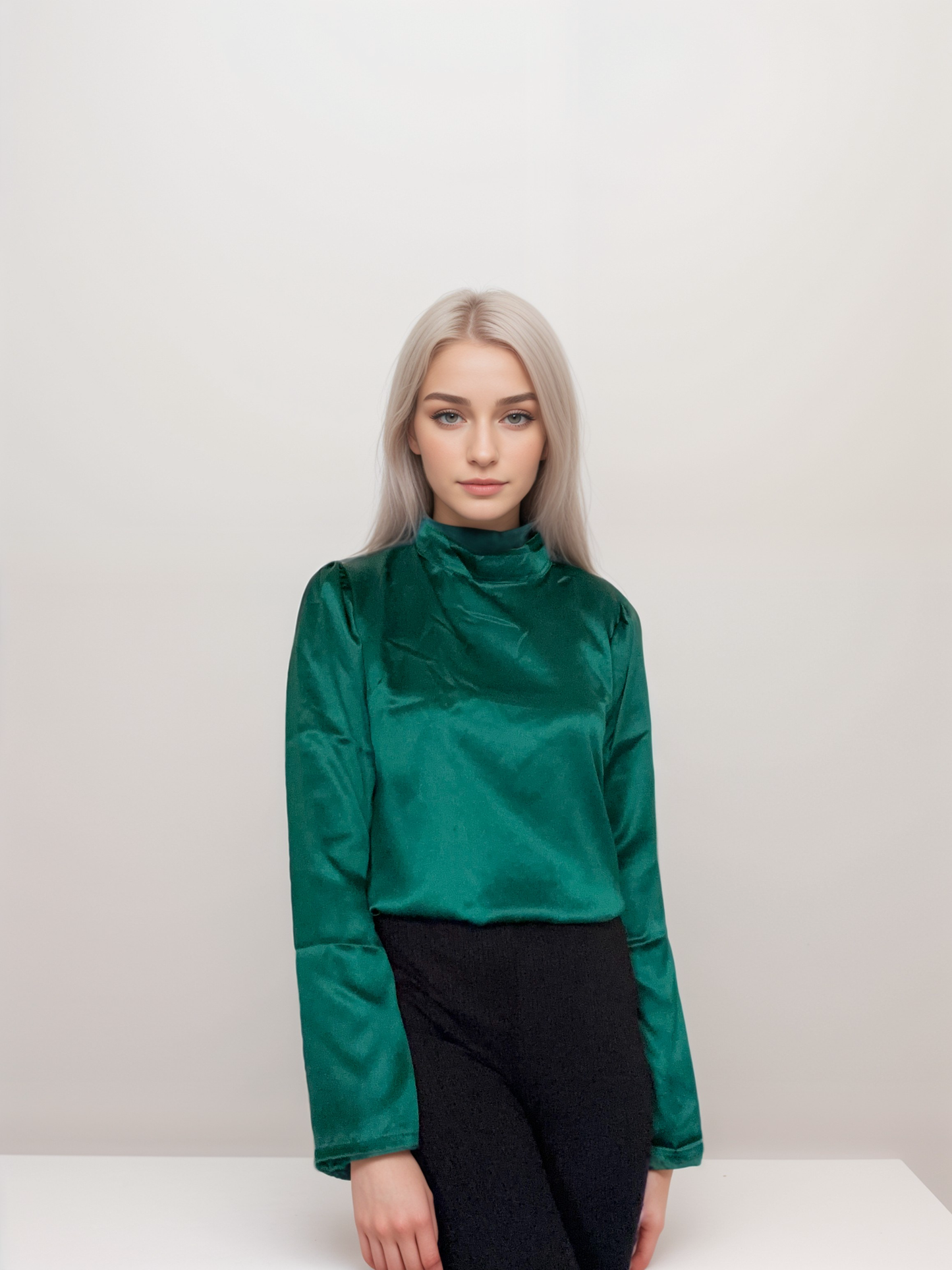 Women Formal Satin Bottle Green High Neck Top