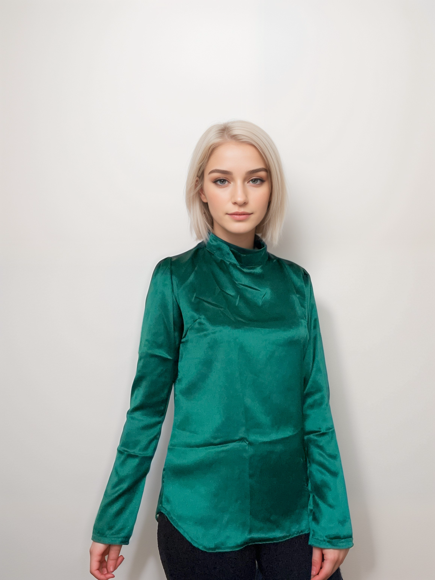 Women Formal Satin Bottle Green High Neck Top