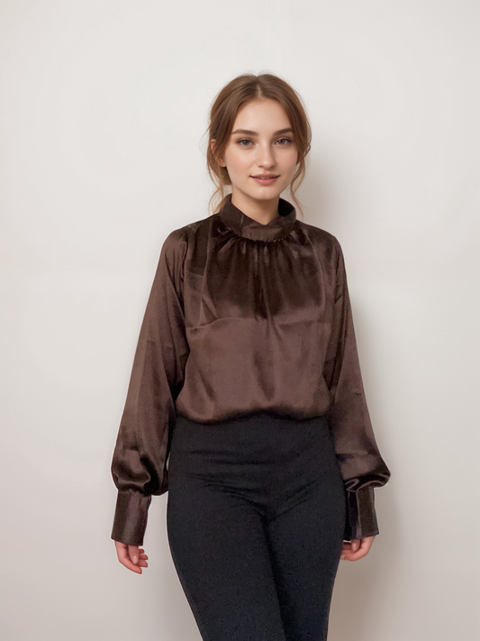 Women Formal Satin Brown High Neck Top