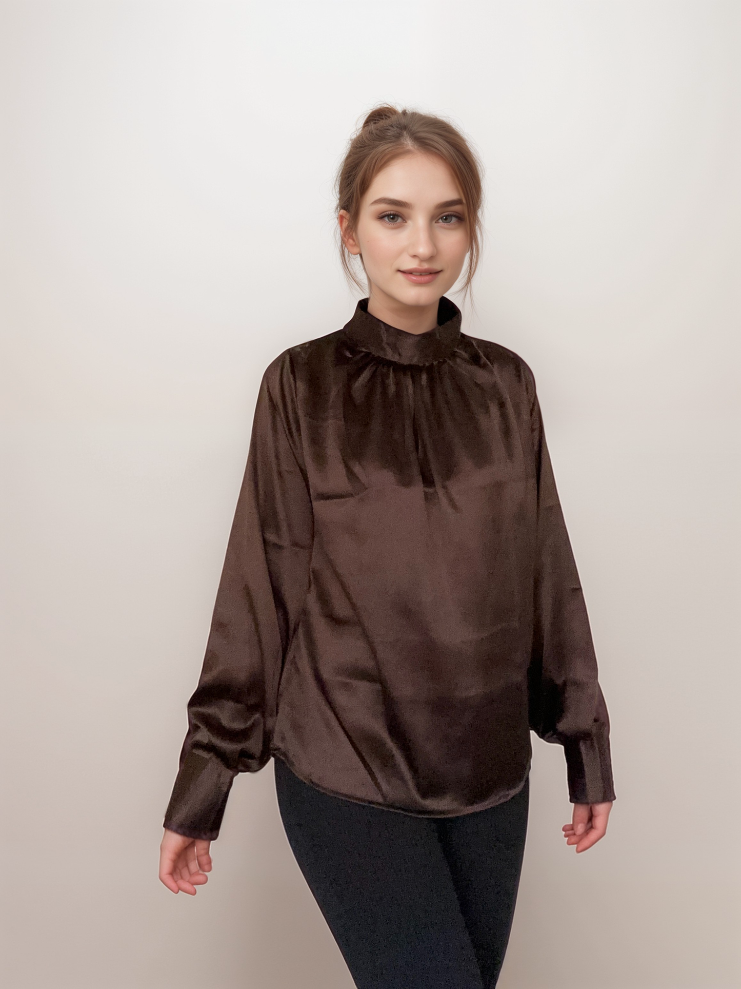 Women Formal Satin Brown High Neck Top