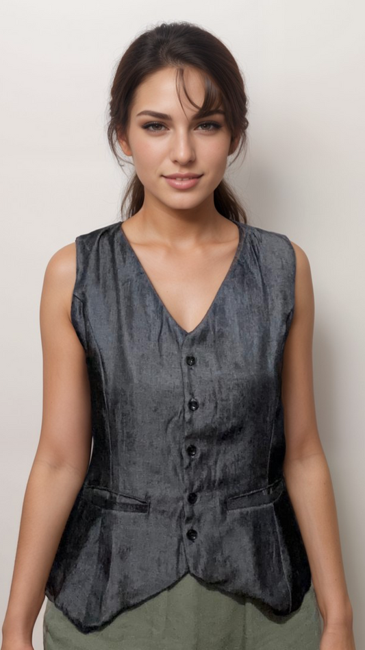 Women Formal Dark Grey V-Neck Panelled Waistcoat