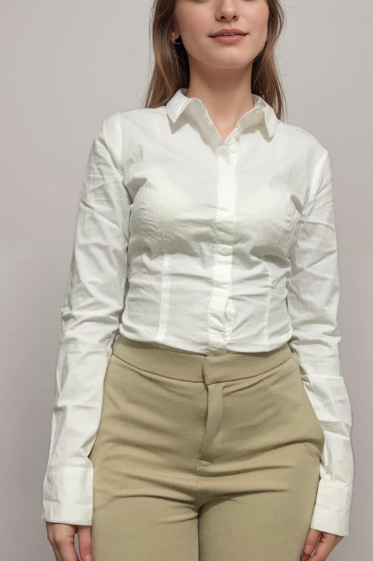 Women Formal Hidden Button-Down Bodysuit White Shirt