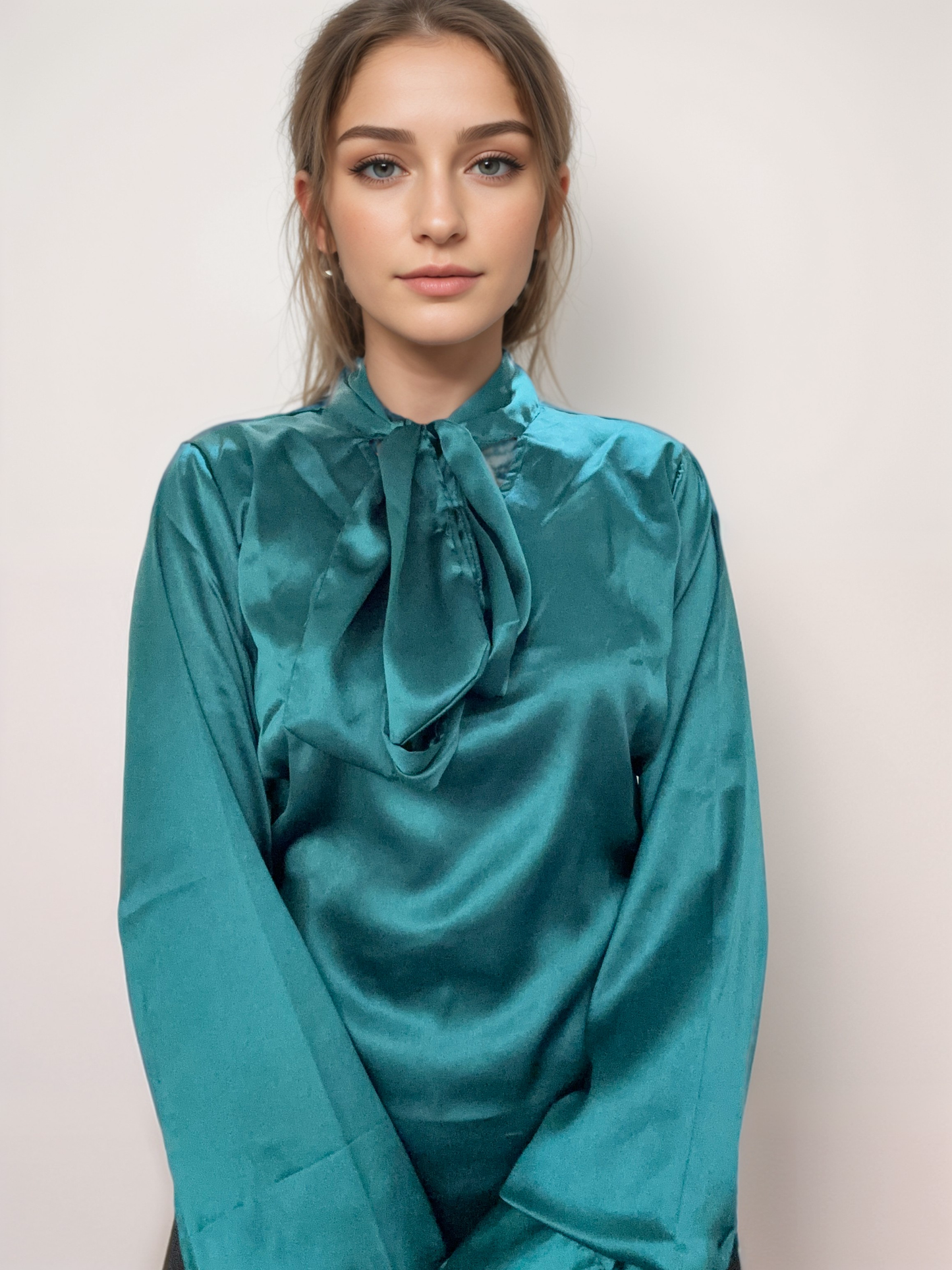 Women Formal Satin Green High Neck Top