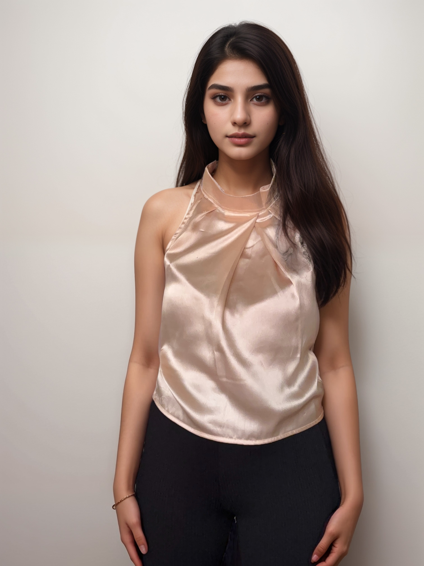 Women Formal Satin Gold Halter Neck Top