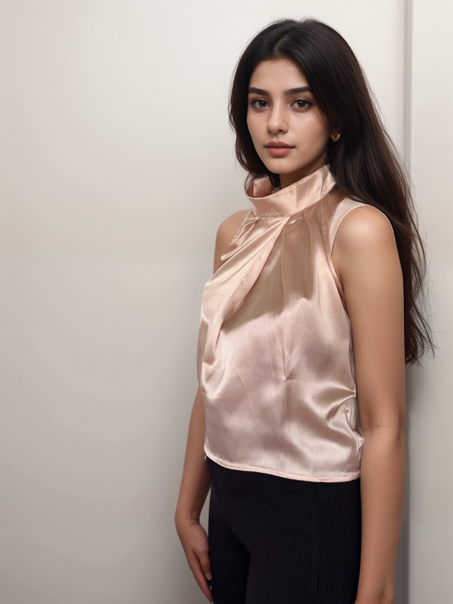 Women Formal Satin Gold Halter Neck Top