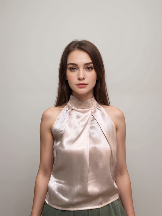 Women Formal Satin Gold Halter Neck Top