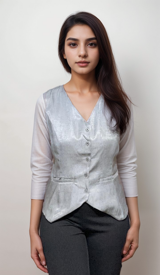 Women Formal Light Grey V-Neck Panelled Waistcoat