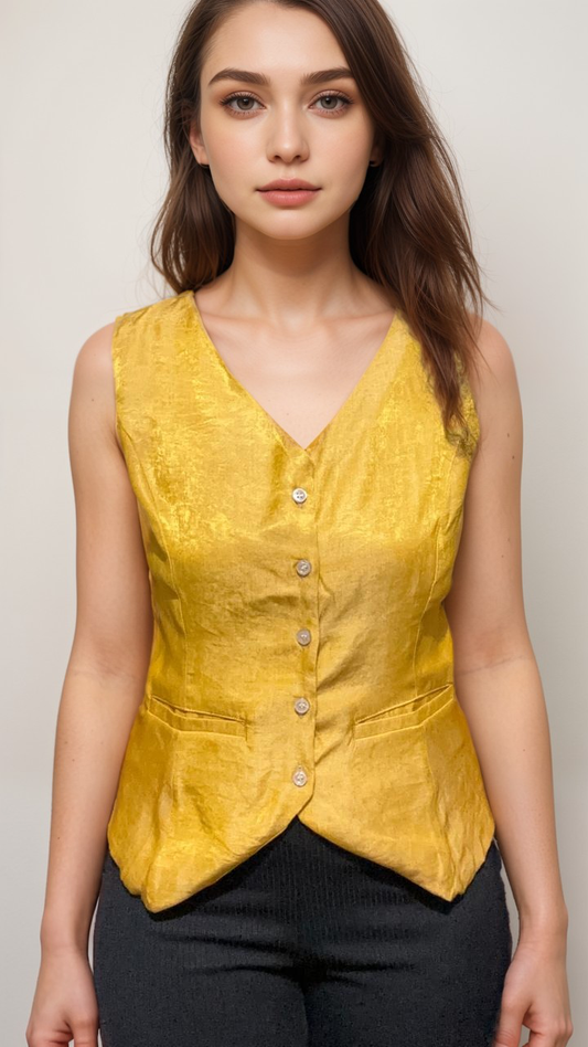 Women Formal Mustard Yellow V-Neck Panelled Waistcoat