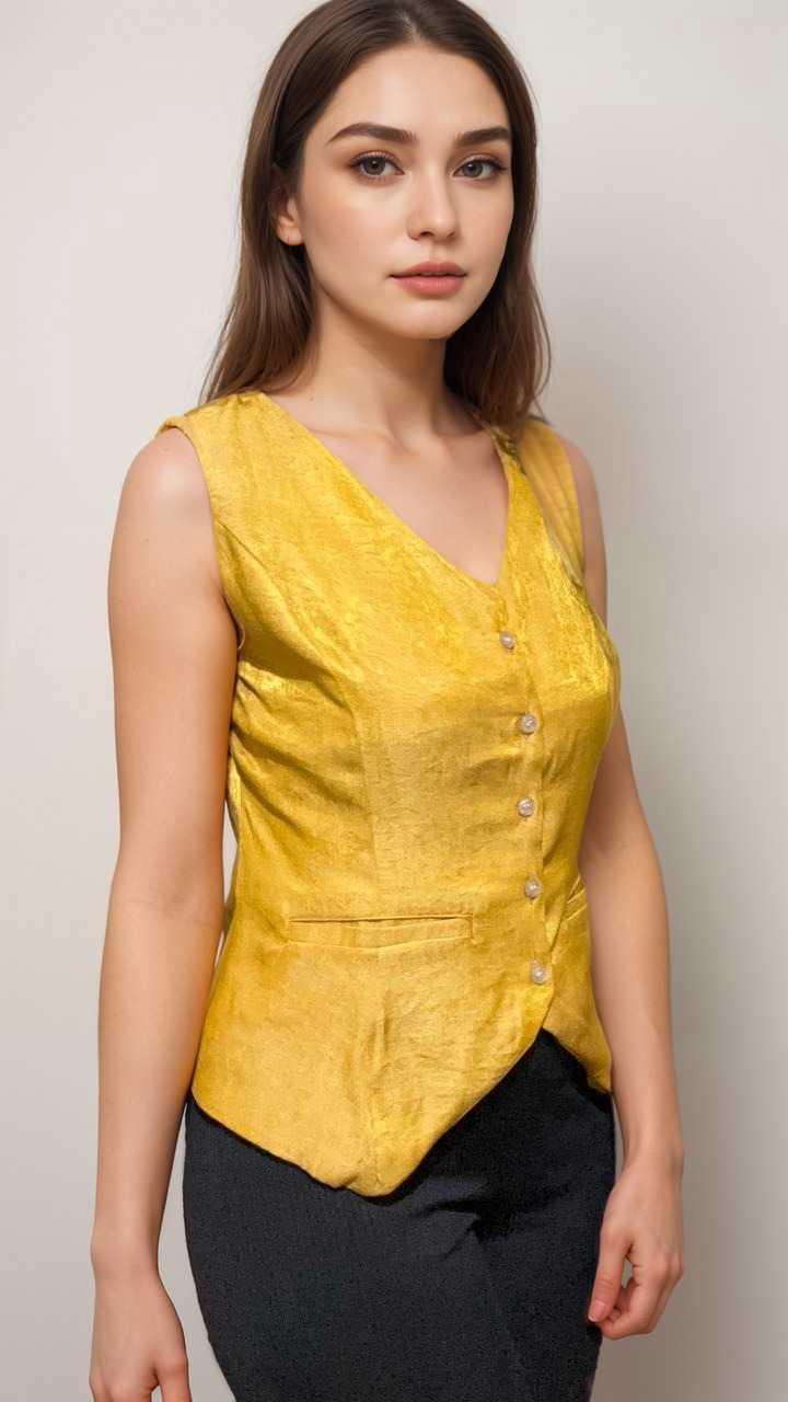 Women Formal Mustard Yellow V-Neck Panelled Waistcoat