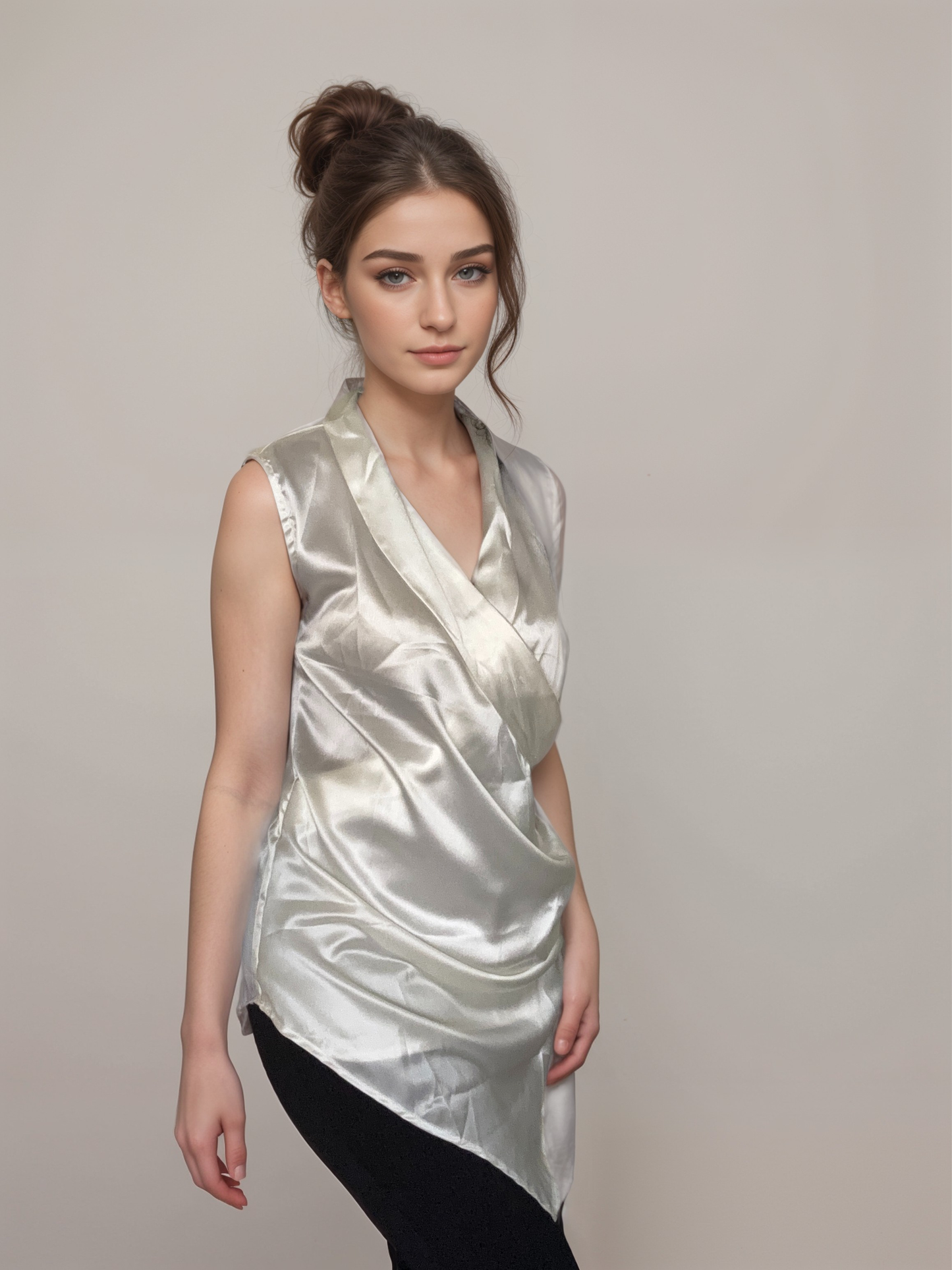 Women Formal Satin Off-White Wrap Top