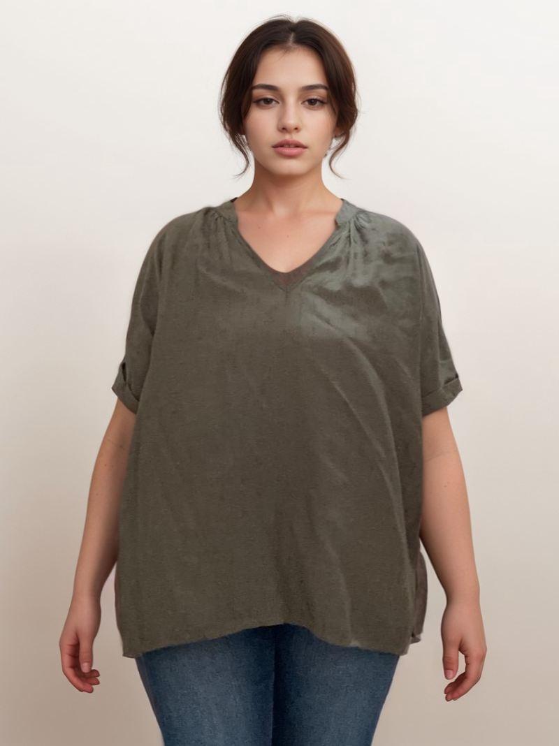 Women Formal Loose Fit Plus Size Olive Top