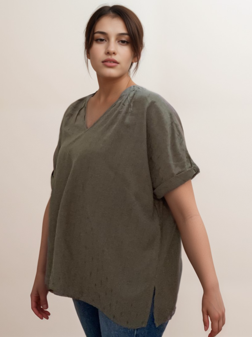 Women Formal Loose Fit Plus Size Olive Top