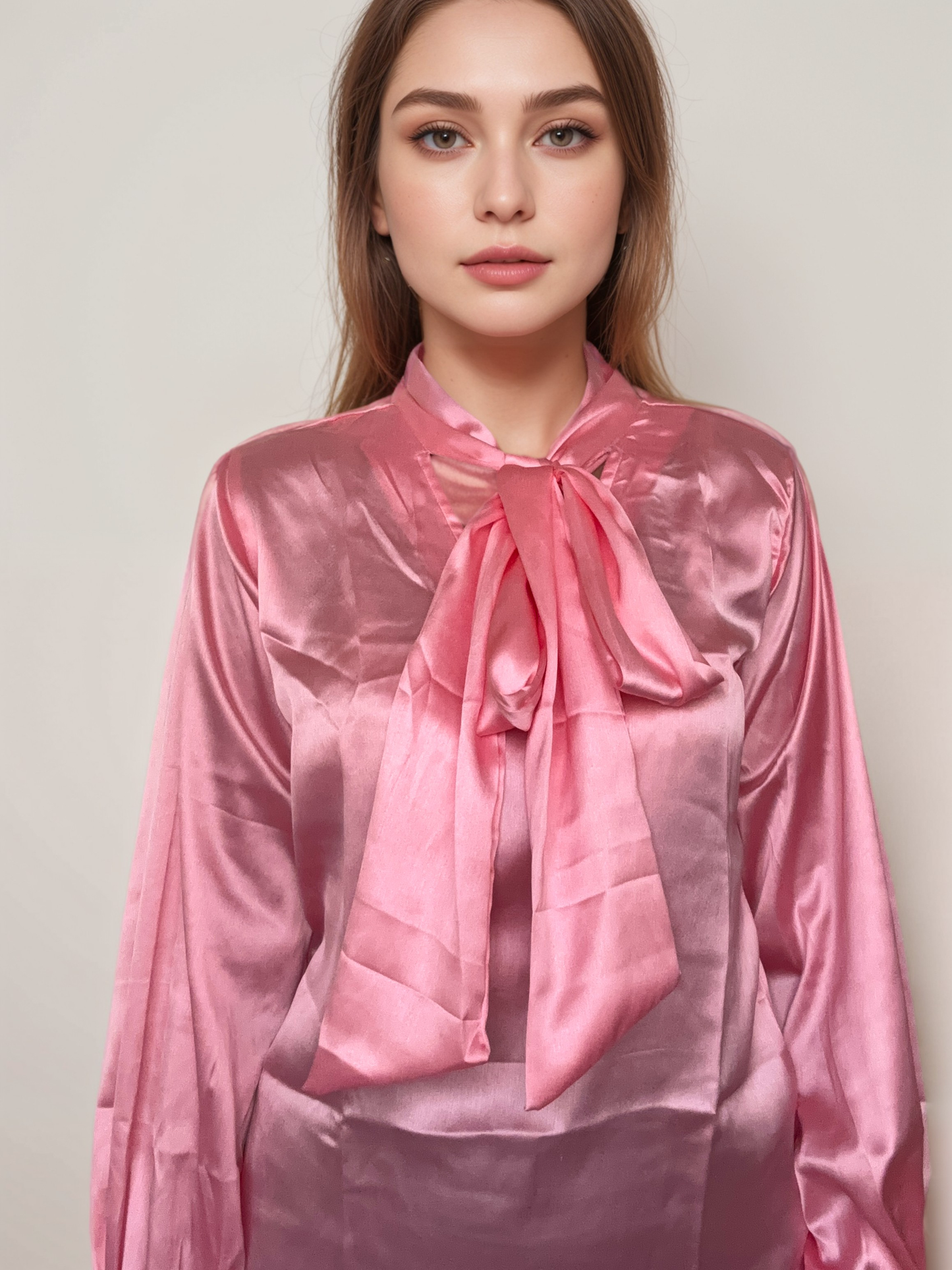 Women Formal Satin Pink High Neck Top