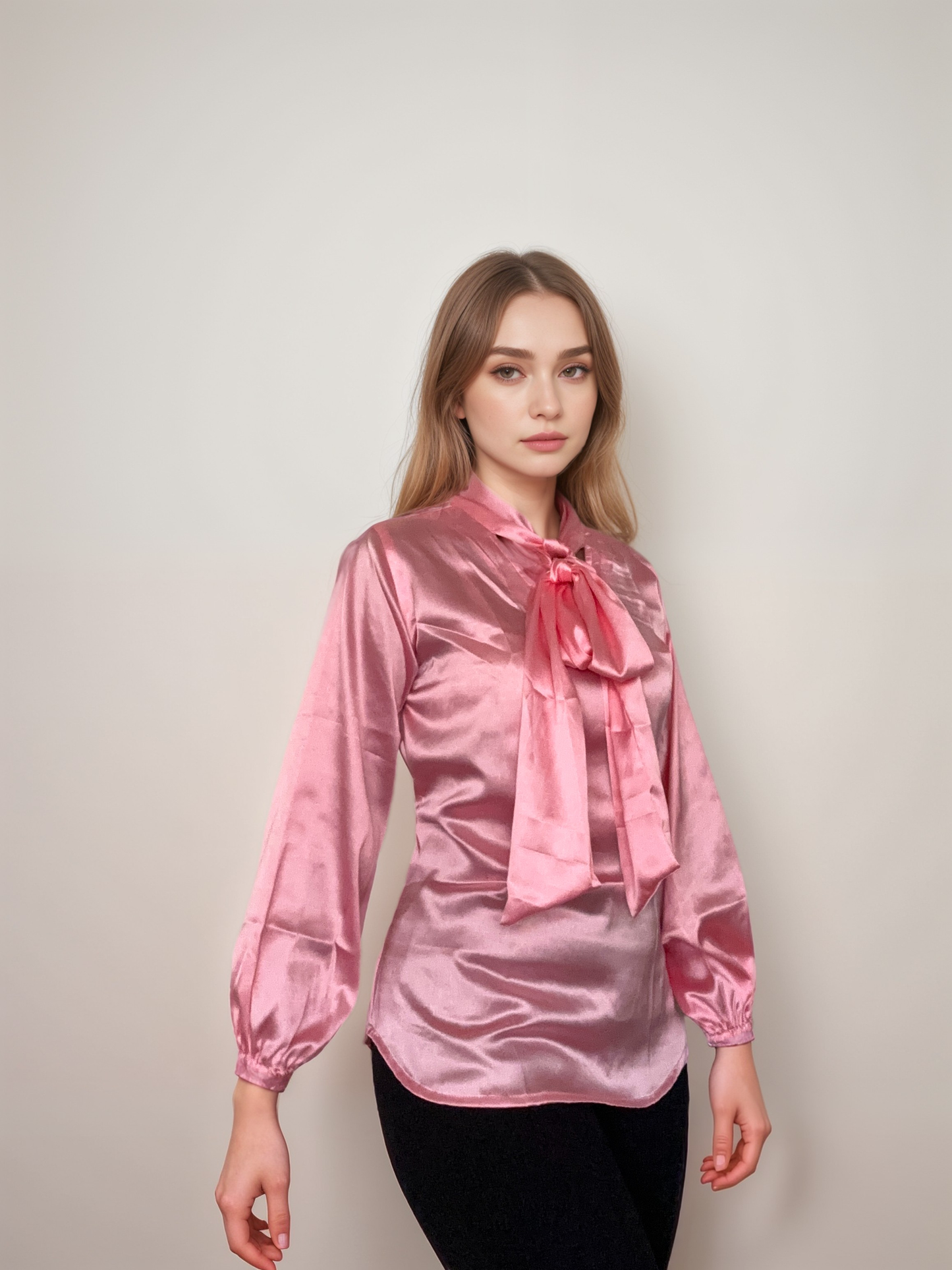 Women Formal Satin Pink High Neck Top