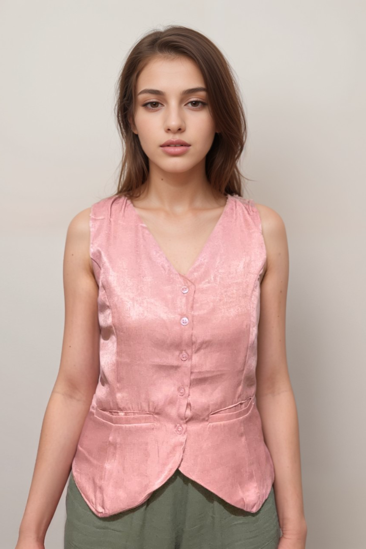 Women Formal Baby Pink V-Neck Panelled Waistcoat