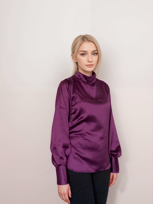 Women Formal Satin Purple High Neck Top