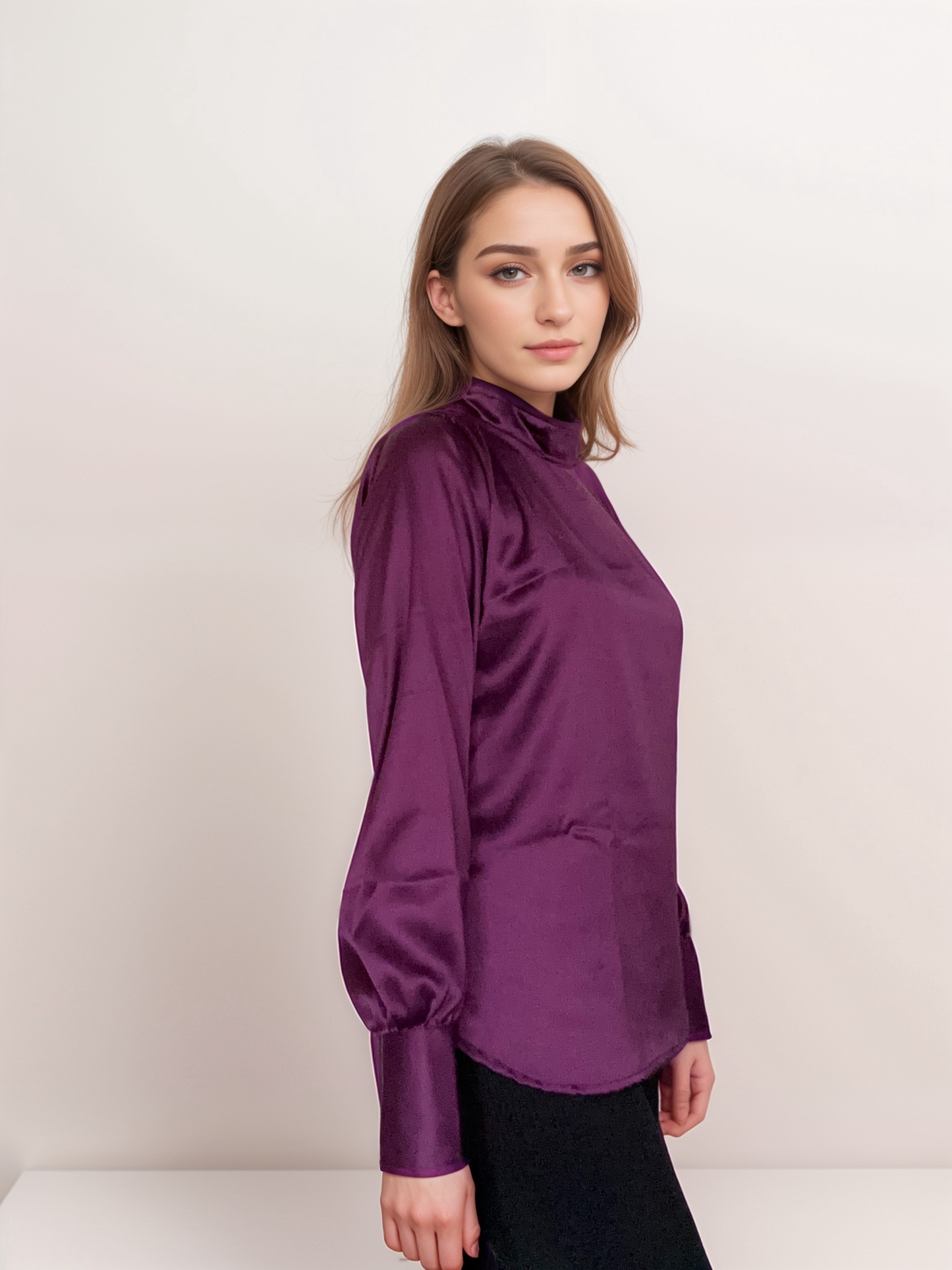 Women Formal Satin Purple High Neck Top