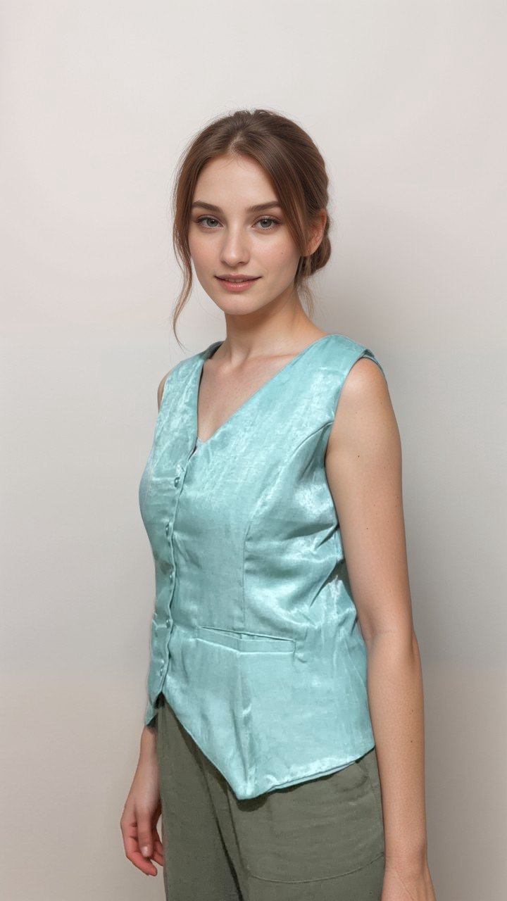 Women Formal Turquoise V-Neck Panelled Waistcoat