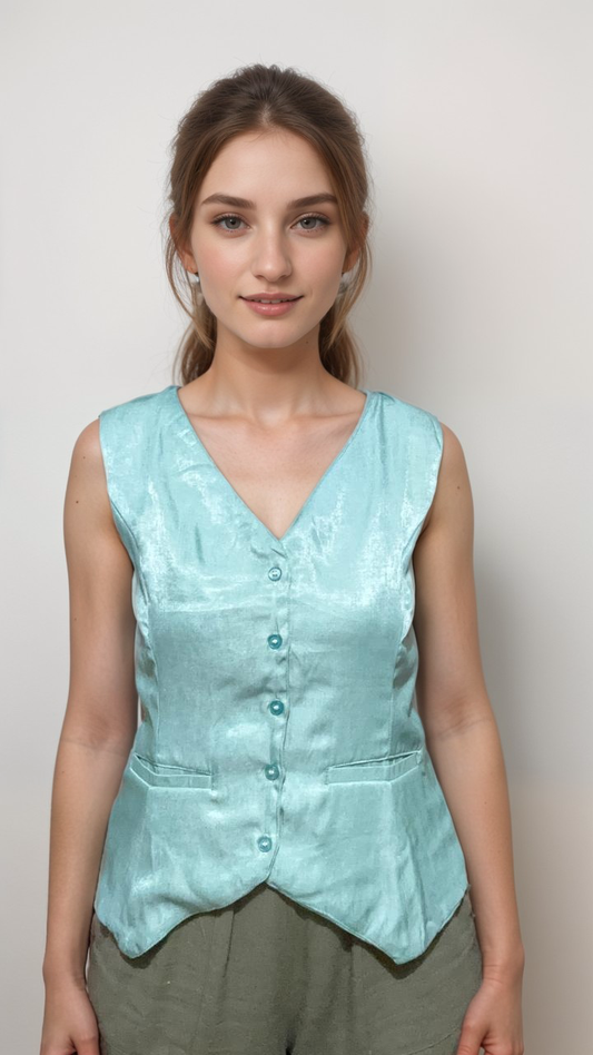 Women Formal Turquoise V-Neck Panelled Waistcoat