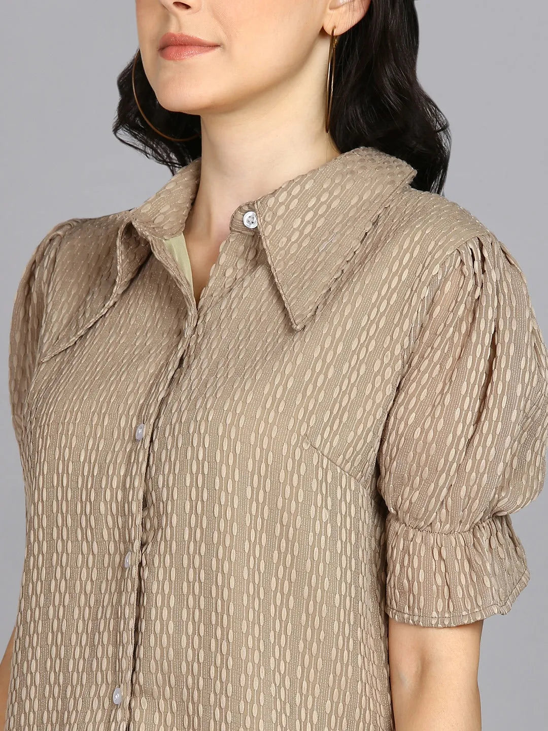 Women Formal Beige Self-Design Shirt - ModaLady