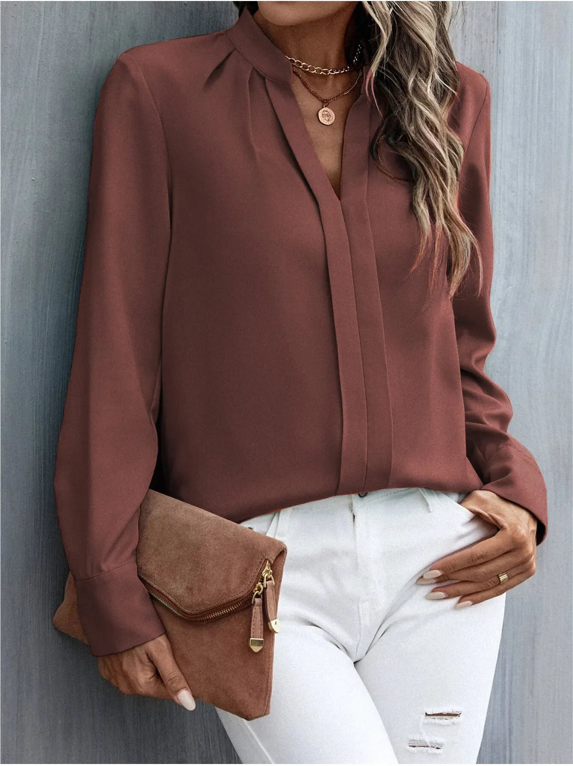 Women Brown V-neck Top - ModaLady