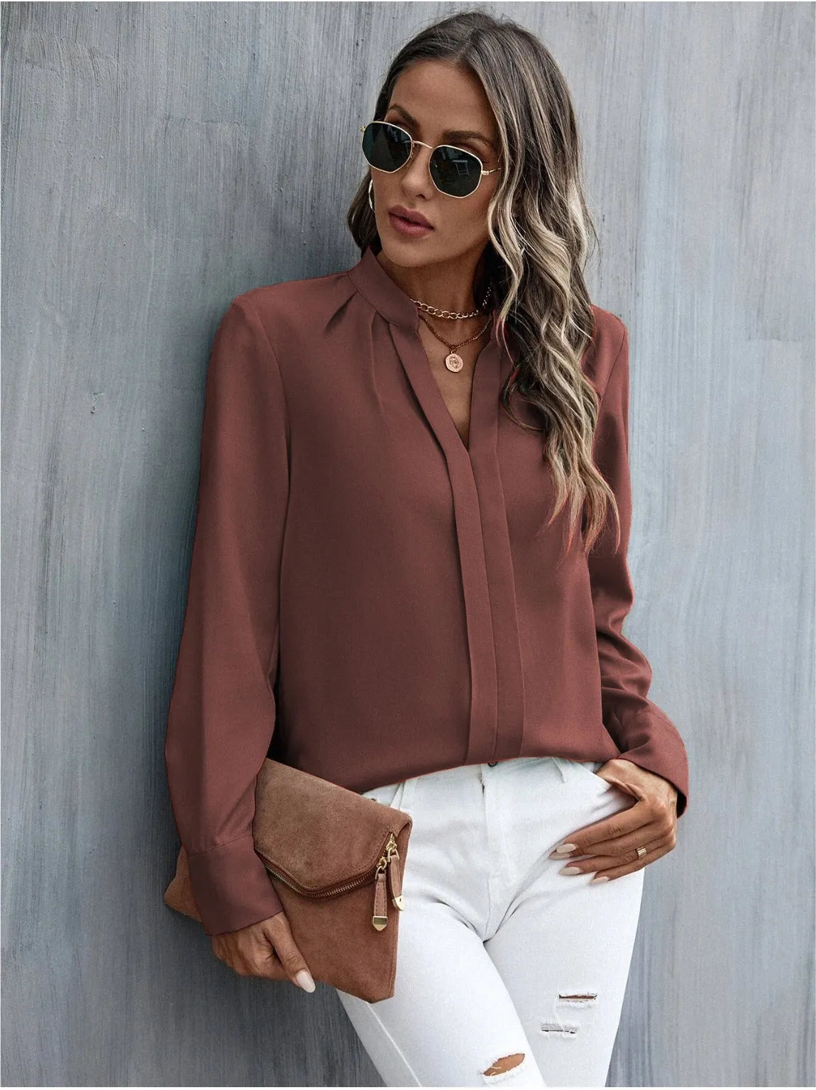 Women Brown V-neck Top - ModaLady