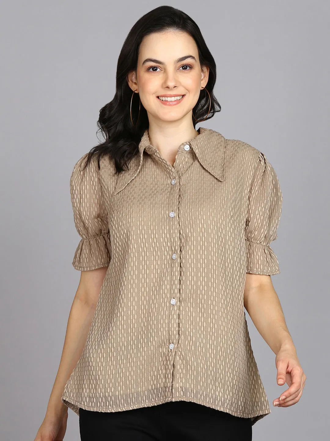 Women Formal Beige Self-Design Shirt - ModaLady