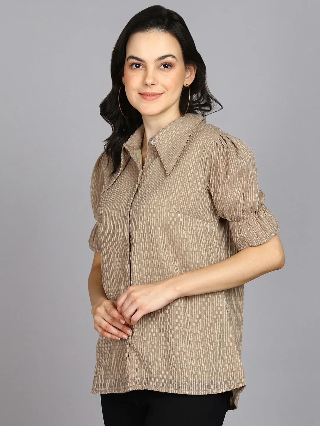 Women Formal Beige Self-Design Shirt - ModaLady