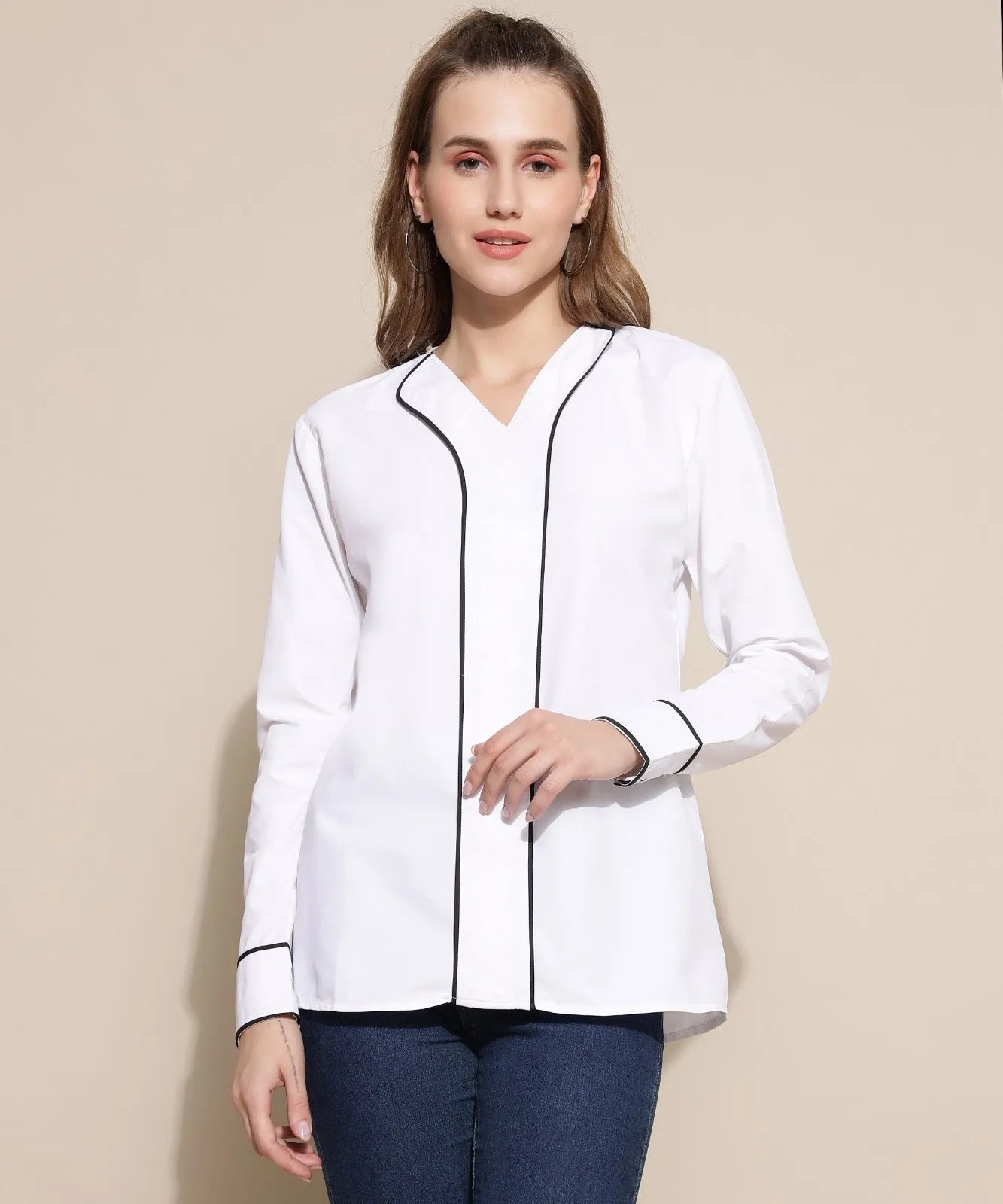 Women Formal White V-Collar Top - ModaLady