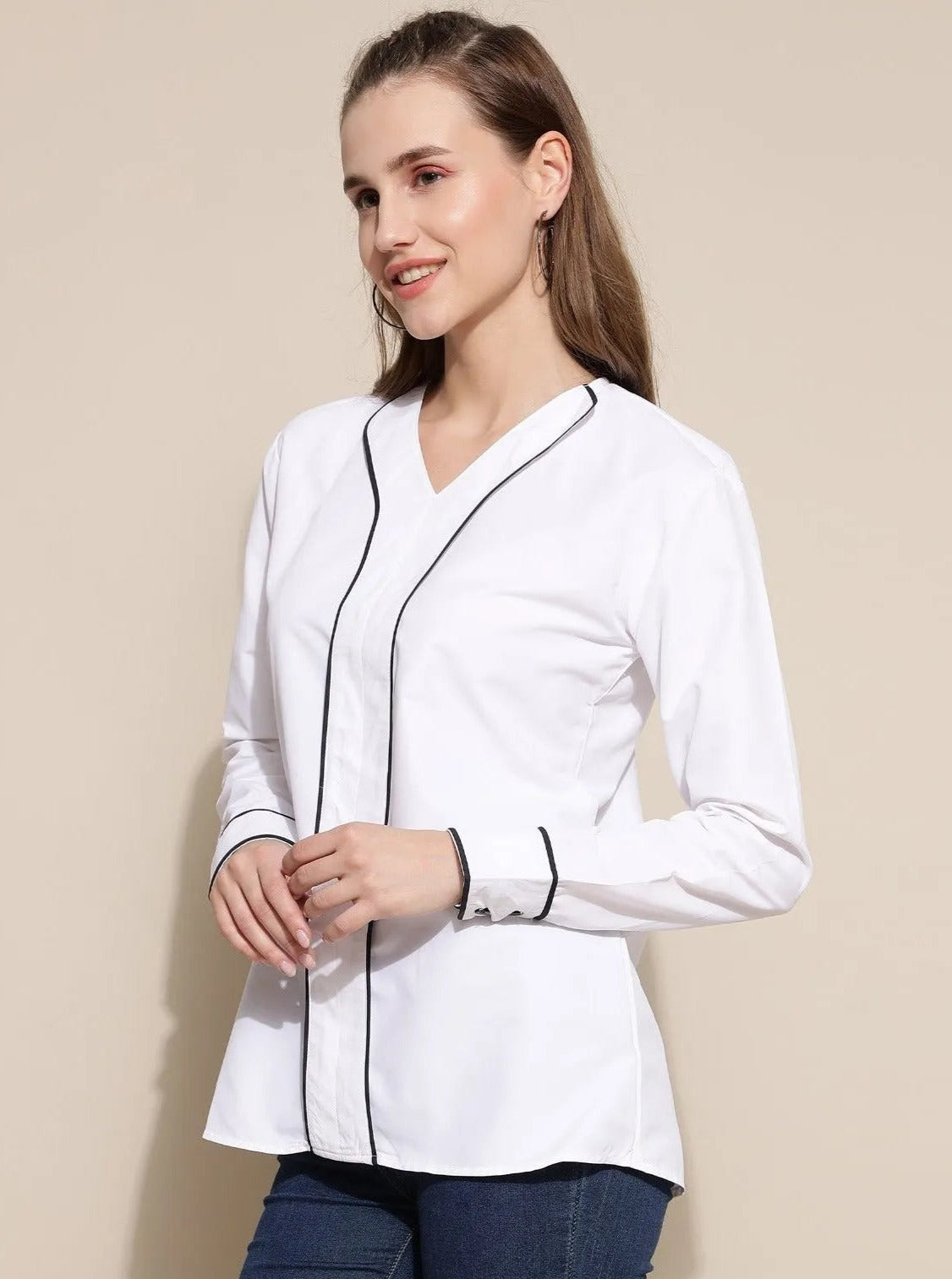 Women Formal White V-Collar Top - ModaLady