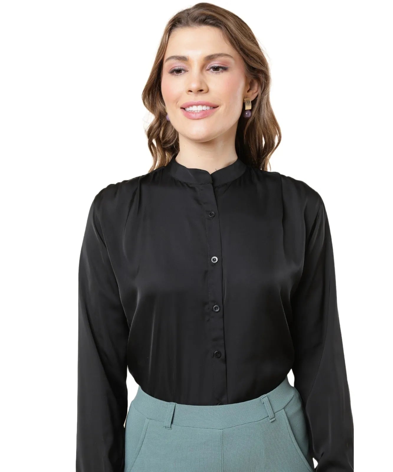 Women Formal Mandarin Collar Shirt - Black - ModaLady