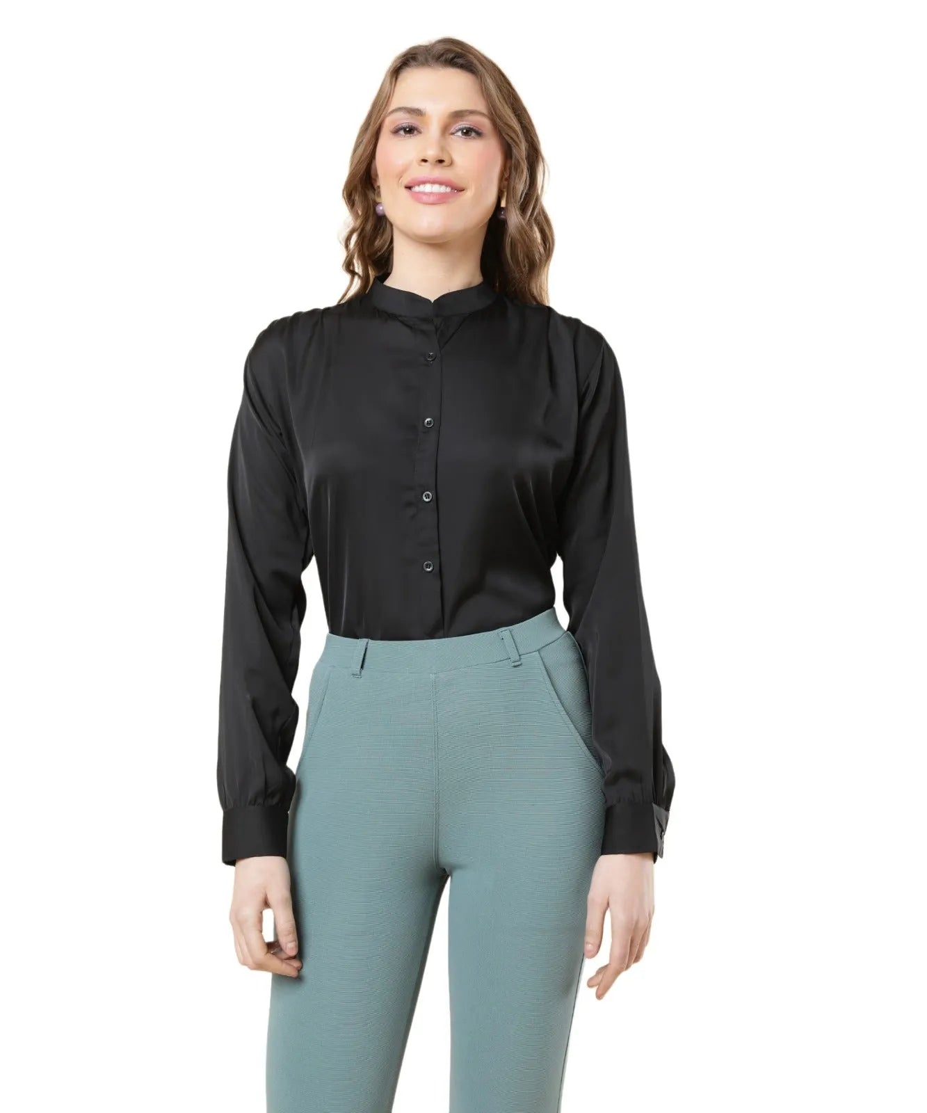 Women Formal Mandarin Collar Shirt - Black - ModaLady