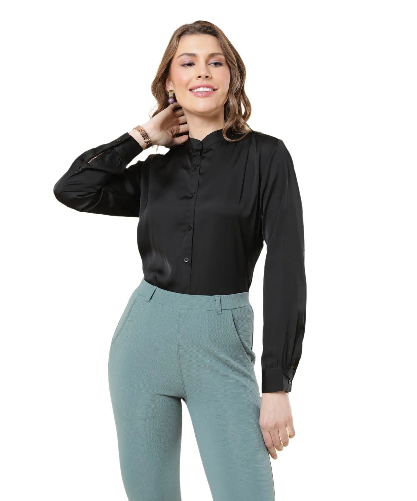 Women Formal Mandarin Collar Shirt - Black - ModaLady