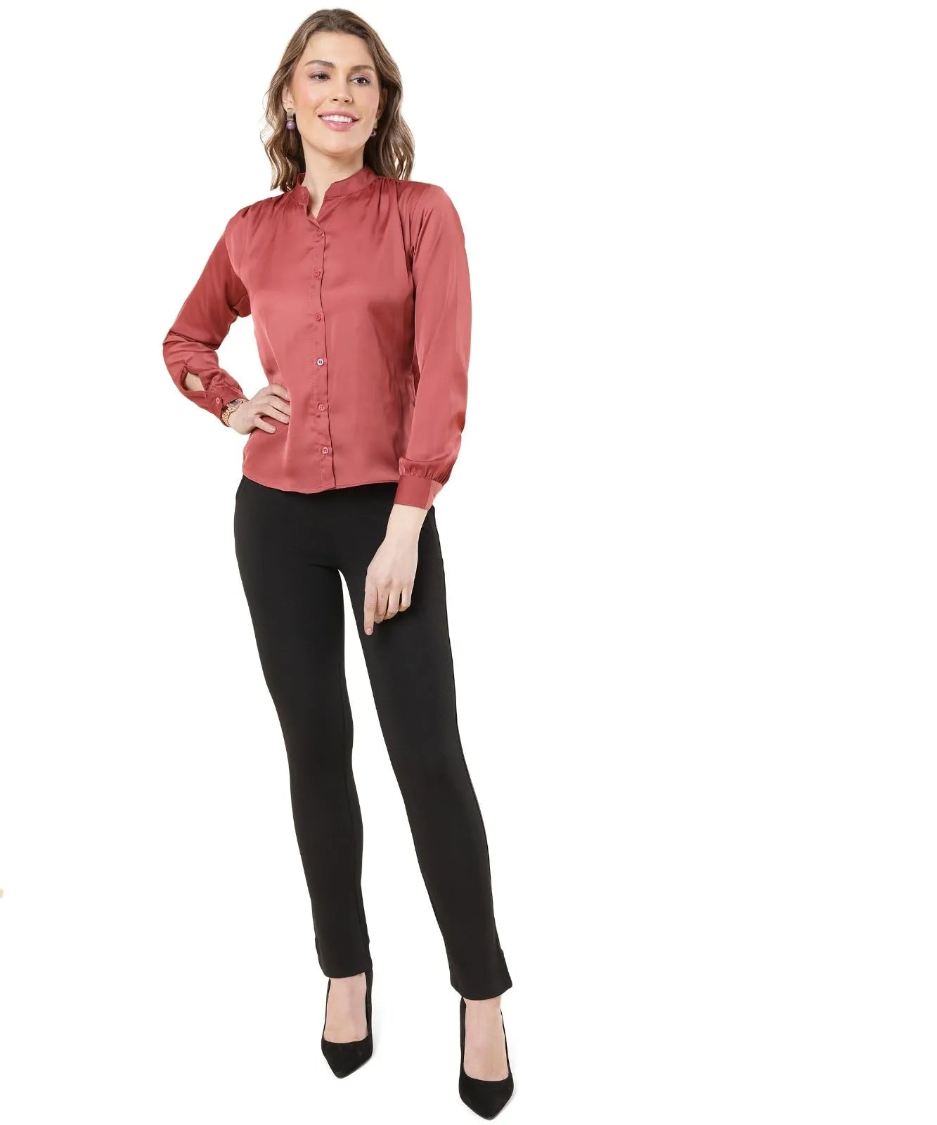 Women Formal Mandarin Collar Shirt - Plum - ModaLady